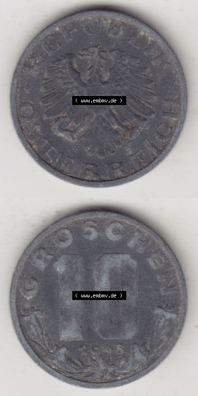 Münzen Österreich / Austria Eurovorläufer, Umlaufmünze vor Euroeinführung 1947-1949, 10 Groschen 1948 III. (4) Sammlung