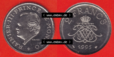 Münzen Monaco / Mu̍negu Eurovorläufer, Umlaufmünze vor Euroeinführung 1995-1995, 2 Francs 1995 (3) Sammlung