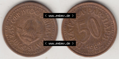 Münzen Jugoslawien (Land wurde 2003 aufgelöst), Umlaufmünze 1982-1984, 50 Para 1982 (3) Sammlung