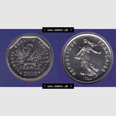 Münzen Frankreich Eurovorläufer, Umlaufmünze vor Euroeinführung 2000, 2 Francs. Vorderseite und Rückseite Nebeneinander einer Münze aus Europa als Digitales... Sammlung