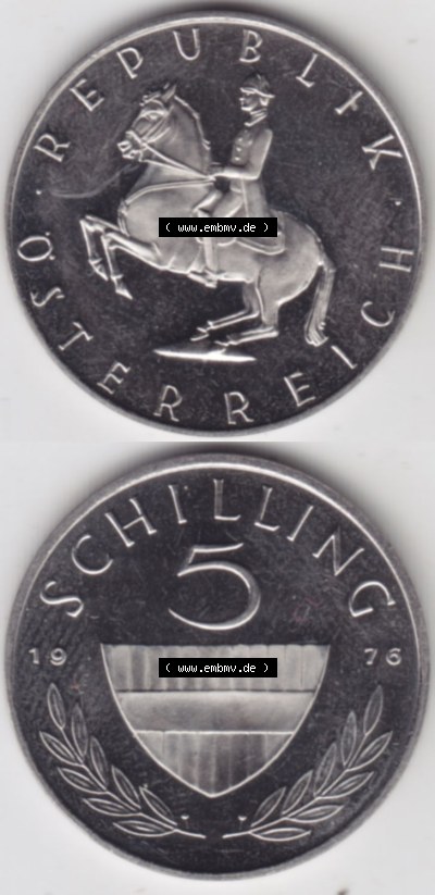 Münzen Österreich / Austria Eurovorläufer, Umlaufmünze vor Euroeinführung 1968-2001, 5 Schilling 1976 (4) Sammlung