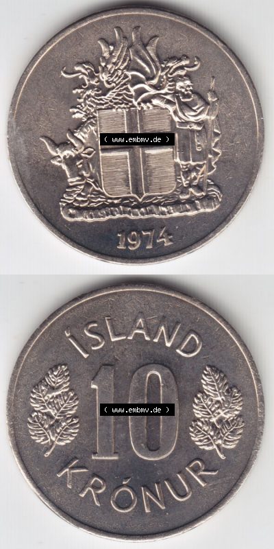 Münzen Island Eurovorläufer, Umlaufmünze vor Euroeinführung 1967-1980, 10 Kronur, Kronen 1974 (4) Sammlung