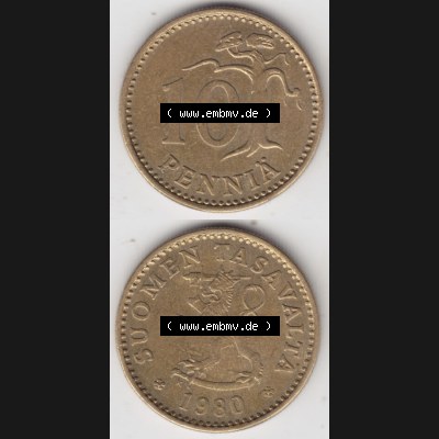 Münzen Finnland / SUOMI Eurovorläufer, Umlaufmünze vor Euroeinführung 1963-1982, 10 Penniä 1980. Rückseite und Vorderseite vertikal untereinander für... Sammlung