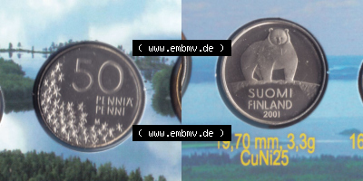 Münzen Finnland / SUOMI Eurovorläufer, Umlaufmünze vor Euroeinführung 2001, 50 Penni, Penniä. Rückseite und Vorderseite... Sammlung