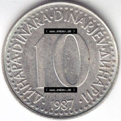 Münzen Jugoslawien (Land wurde 2003 aufgelöst), Umlaufmünze 1982-1988, 10 Dinara, Dinarjev 1987 (1) Sammlung