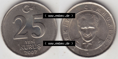 Münzen Türkei / Türkiye Eurovorläufer, Umlaufmünze vor Euroeinführung 2005-2008, 25 Yeni Neue Kurus (3) Sammlung