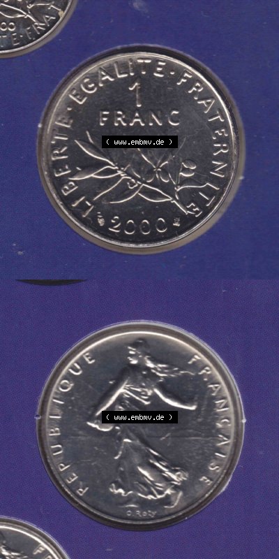 Münzen Frankreich Eurovorläufer, Umlaufmünze vor Euroeinführung 2000, 1 Francs. Vorderseite und Rückseite Vertikal Untereinander,... Sammlung