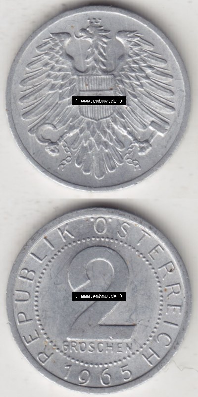 Münzen Österreich / Austria Eurovorläufer, Umlaufmünze vor Euroeinführung 1950-1994, 2 Groschen 1965 (4) Sammlung
