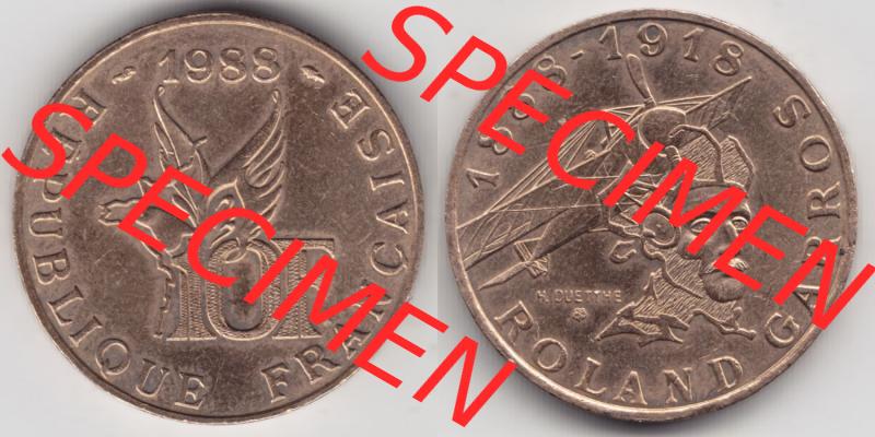 Münzen Frankreich Eurovorläufer, Umlaufmünze vor Euroeinführung 1988-1988, 10 Francs Roland Garros. Vorderseite und Rückseite Nebeneinander einer Münze... Sammlung