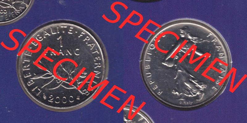Münzen Frankreich Eurovorläufer, Umlaufmünze vor Euroeinführung 2000, 1 Francs. Vorderseite und Rückseite Nebeneinander einer Münze aus Europa als Digitales... Sammlung