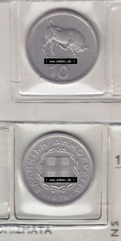 Münzen Griechenland Eurovorläufer, Umlaufmünze vor Euroeinführung 1976, 10 Lepta. VS+RS auf einen Bild/Foto,, untereinander... Sammlung
