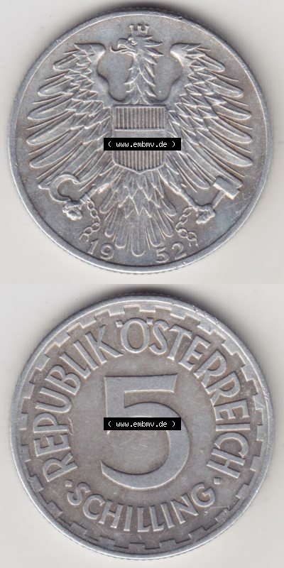 Münzen Österreich / Austria Eurovorläufer, Umlaufmünze vor Euroeinführung 1952-1957, 5 Schilling 1952 III. (4) Sammlung