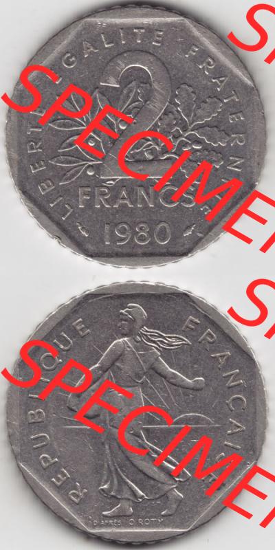 Münzen Frankreich Eurovorläufer, Umlaufmünze vor Euroeinführung 1979-2001, 2 Francs Säerin Semeuse. Vorderseite und Rückseite Vertikal Untereinander,... Sammlung
