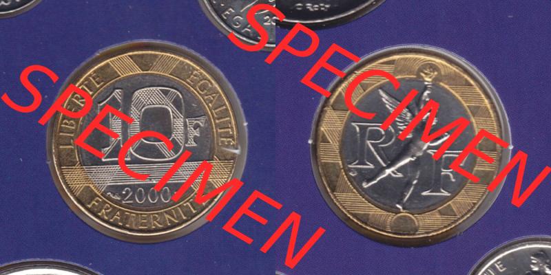 Münzen Frankreich Eurovorläufer, Umlaufmünze vor Euroeinführung 2000, 10 Francs. Vorderseite und Rückseite Nebeneinander einer Münze aus Europa als Digitales... Sammlung