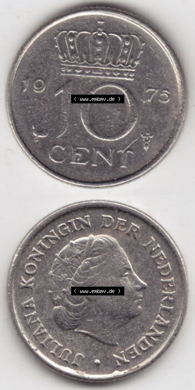 Münzen Niederlande / Netherlands Eurovorläufer, Umlaufmünze vor Euroeinführung 1950-1980, 10 Cent 1975 (4) Sammlung