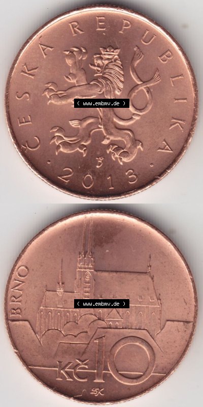 Münzen Tschechische Republik / Tschechin Eurovorläufer, Umlaufmünze vor Euroeinführung 1993-2013, 10 Kc, 10 Kronen 2013 (4) Sammlung