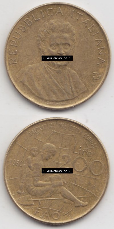 Münzen Italien / Italia Eurovorläufer, Umlaufmünze vor Euroeinführung 1980-1980, 200 Lire FAO - Internationales Jahr der Frau... Sammlung
