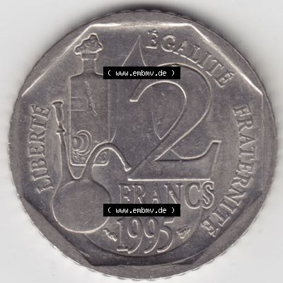 Münzen Frankreich Eurovorläufer, Umlaufmünze vor Euroeinführung 1995-1995, 2 France Louis Rasteur. Vorderseite einer Münze aus Europa als Digitales Bild /... Sammlung