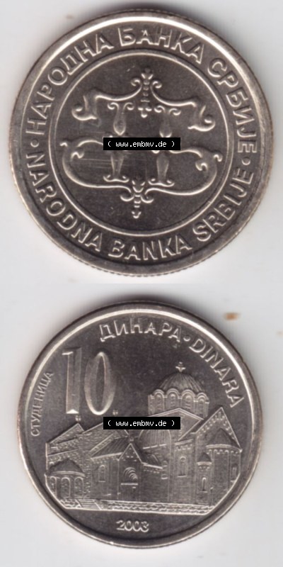 Münzen Serbien Eurovorläufer, Umlaufmünze vor Euroeinführung 2003-2003, 10 Dinara (4) Sammlung
