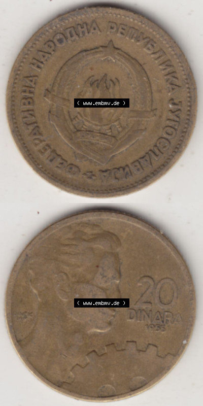 Münzen Jugoslawien (Land wurde 2003 aufgelöst), Umlaufmünze 1955-1955, 20 Dinar 1955 (4) Sammlung