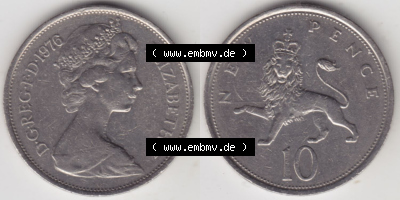 Münzen Großbritannien Eurovorläufer, Umlaufmünze vor Euroeinführung 1968-1981, 10 New Pence 1976 (3) Sammlung