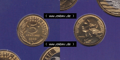 Münzen Frankreich Eurovorläufer, Umlaufmünze vor Euroeinführung 2000, 5 Centimes. Vorderseite und Rückseite Nebeneinander... Sammlung