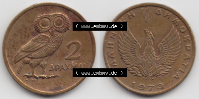 Münzen Griechenland Eurovorläufer, Umlaufmünze vor Euroeinführung 1973, 2 Apaxmai, Drachmen. VS+RS auf einen Bild/Foto einer... Sammlung