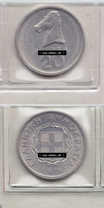 Münzen Griechenland Eurovorläufer, Umlaufmünze vor Euroeinführung 1976 , 20 Lepta. VS+RS auf einen Bild/Foto,, untereinander... Sammlung