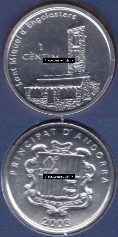 Münzen Andorra Eurovorläufer, Umlaufmünze vor Euroeinführung 2003, 1 Centim, Kirche Sant Miquel d’Engolasters (4) Sammlung