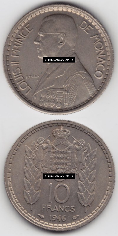 Münzen Monaco / Mu̍negu Eurovorläufer, Umlaufmünze vor Euroeinführung 1946-1946, 10 Fr, Francs, Franken, Louis II Prince... Sammlung