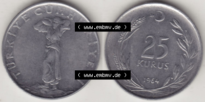 Münzen Türkei / Türkiye Eurovorläufer, Umlaufmünze vor Euroeinführung 1960-1966, 25 Kurus 1964 (3) Sammlung