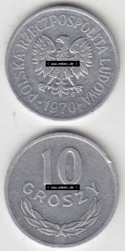 Münzen Polen / Polska Eurovorläufer, Umlaufmünze vor Euroeinführung 1961-1985, 10 Groszy 1970 (4) Sammlung