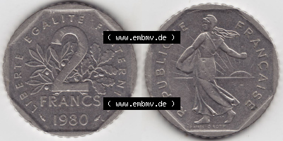 Münzen Frankreich Eurovorläufer, Umlaufmünze vor Euroeinführung 1979-2001, 2 Francs Säerin Semeuse. Vorderseite und Rückseite... Sammlung