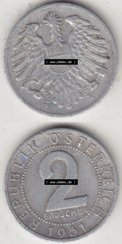 Münzen Österreich / Austria Eurovorläufer, Umlaufmünze vor Euroeinführung 1950-1994, 2 Groschen 1951 (4) Sammlung