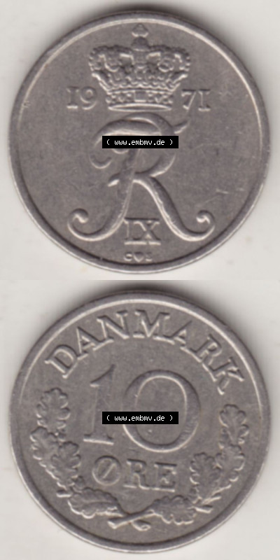 Münzen Dänemark / Danmark Eurovorläufer, Umlaufmünze vor Euroeinführung 1960-1972, 10 Öre 1971 (Stück 2) (4) Sammlung