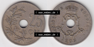 Münzen Belgien Eurovorläufer, Umlaufmünze vor Euroeinführung 1908-1909, 25 Cen, Centimes Koninkrijk Belgie (3) Sammlung