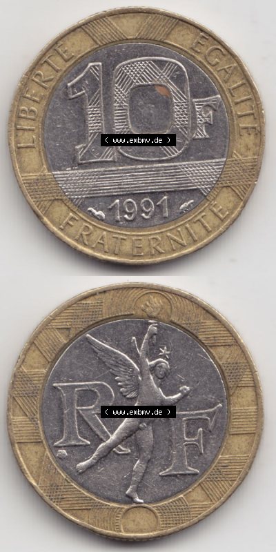 Münzen Frankreich Eurovorläufer, Umlaufmünze vor Euroeinführung 1991, 10 Francs. Vorderseite und Rückseite Vertikal Untereinander,... Sammlung