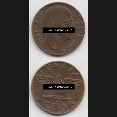 Münzen Italien / Italia Eurovorläufer, Umlaufmünze vor Euroeinführung 1939-1943, 5 Centesimi 1942 (4) Sammlung