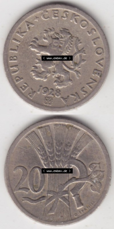 Münzen Tschechoslowakei (Land wurde 1992 aufgelöst), Umlaufmünze 1921-1938, 20 Heller1928 (4) Sammlung