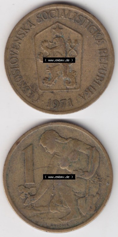 Münzen Tschechoslowakei (Land wurde 1992 aufgelöst), Umlaufmünze 1961-1990, 1 Kcs, Koruna, Krone 1971 (4) Sammlung