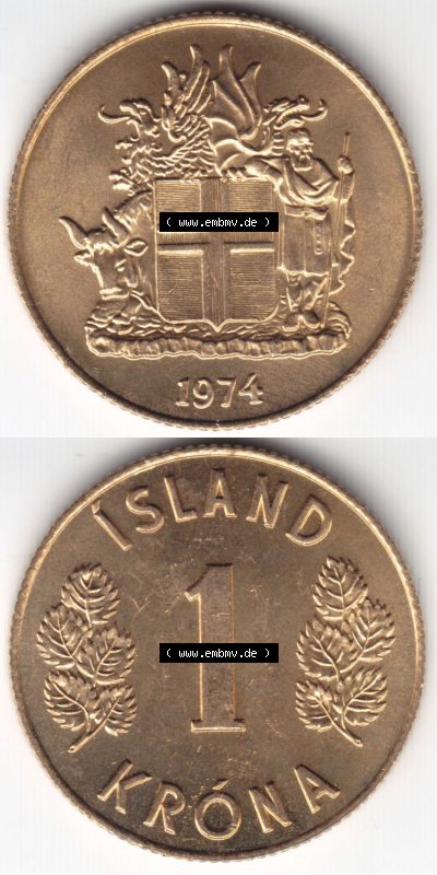 Münzen Island Eurovorläufer, Umlaufmünze vor Euroeinführung 1957-1975, 1 Krona, Krone 1974 (4) Sammlung