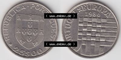 Münzen Portugal Eurovorläufer, Sondermünze vor Euroeinführung 1986-1986, 25 Escudos Portugal-Europa 1986 (3) Sammlung