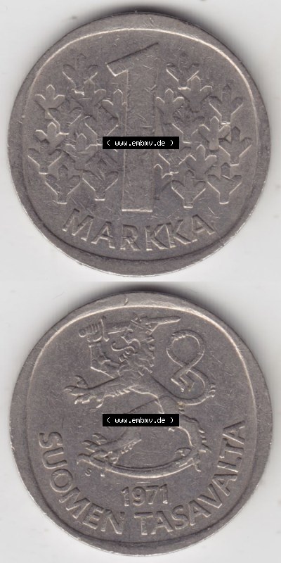 Münzen Finnland / SUOMI Eurovorläufer, Umlaufmünze vor Euroeinführung 1969-1993, 1 Markka 1971. Rückseite und Vorderseite... Sammlung