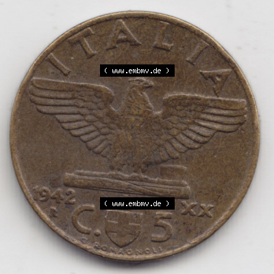 Münzen Italien / Italia Eurovorläufer, Umlaufmünze vor Euroeinführung 1939-1943, 5 Centesimi 1942 (2) Sammlung