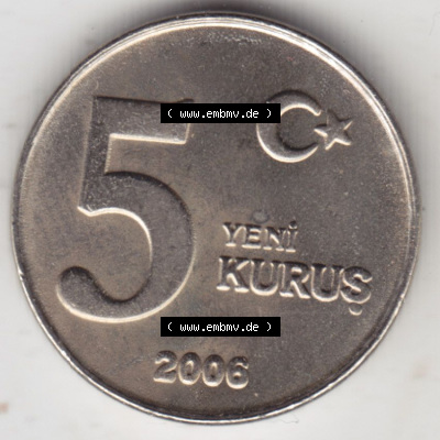 Münzen Türkei / Türkiye Eurovorläufer, Umlaufmünze vor Euroeinführung 2005-2008, 5 Yeni Neue Kurus (1) Sammlung