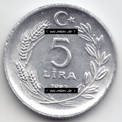 Münzen Türkei / Türkiye Eurovorläufer, Umlaufmünze vor Euroeinführung 1982-1982, 5 Lira (1) Sammlung