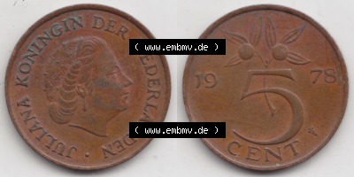 Münzen Niederlande / Netherlands Eurovorläufer, Umlaufmünze vor Euroeinführung 1950-1980, 5 Cent 1978 (3) Sammlung