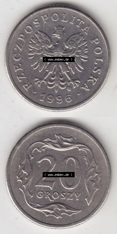 Münzen Polen / Polska Eurovorläufer, Umlaufmünze vor Euroeinführung 1990-2016, 20 Groszy 1996 (4) Sammlung