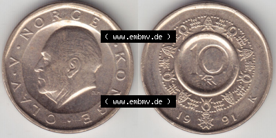 Münzen Norwegen / Norway Eurovorläufer, Umlaufmünze vor Euroeinführung 1983-1991, 10 Kronen 1991 (3) Sammlung