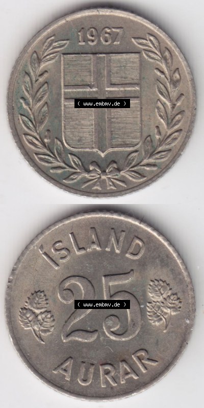 Münzen Island Eurovorläufer, Umlaufmünze vor Euroeinführung 1946-1967, 25 Aurar 1967 (4) Sammlung